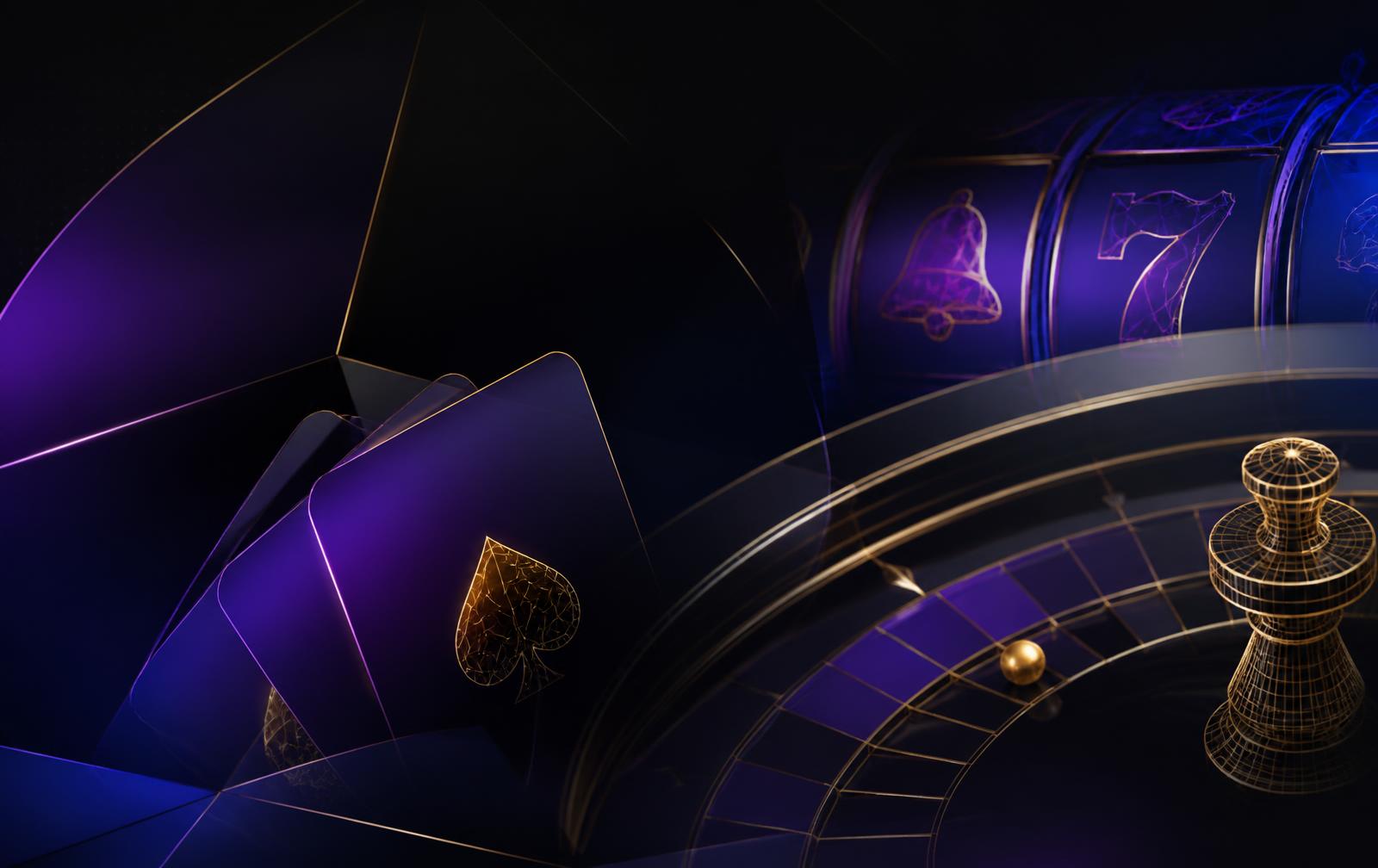Ilustración editorial abstracta con una ruleta, cartas y rodillos de slot en tonos morados y azules